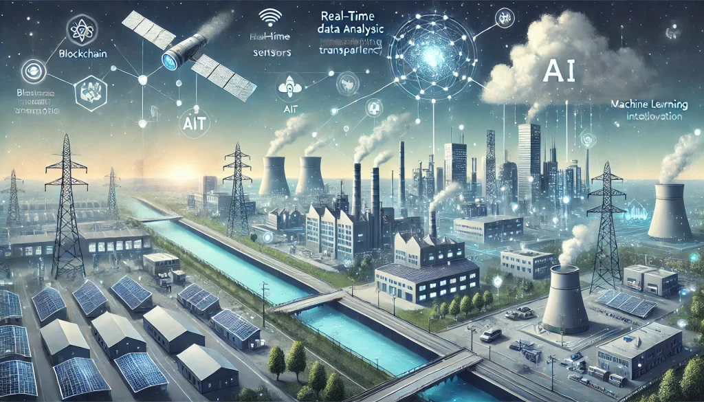 Ilustrasi teknologi pemantauan emisi menggunakan AI dan IoT dengan koneksi satelit, menunjukkan industri dengan sensor cloud dan analisis real-time